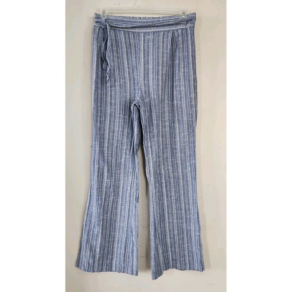 Deja Bleu Womens XL Striped Blue White Striped Linen Wide Leg Pants Belted Beach